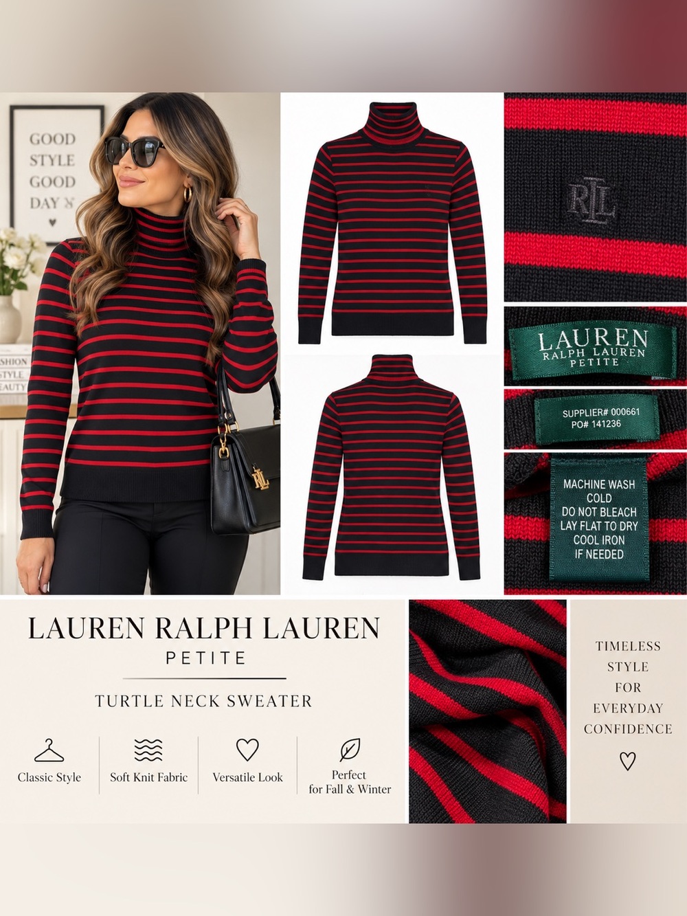 Lauren Ralph Lauren Petite Medium Black Red Striped Turtleneck Sweater